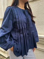 Alma Linen Pleated Top in Navy