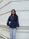 Alma Linen Pleated Top in Navy