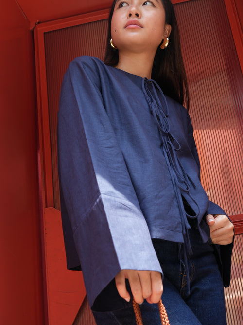 Bettie Linen Tie Top in Navy